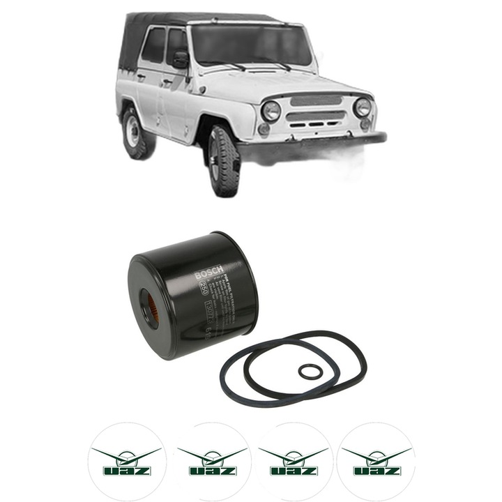 Filtru combustibil UAZ 469 / 469 B 2.4 din 1972-1984 KW 52 CP 72 CMC 2445, Bosch, Auto, 4x Stickere auto cu UAZ