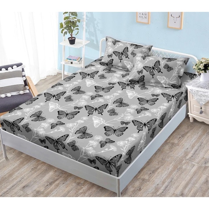 Husa de Pat cu Elastic si 2 Fete de Perna, 3 Piese, Bumbac Satinat, 180x200cm, Imprimeu Fluturi, Multicolor