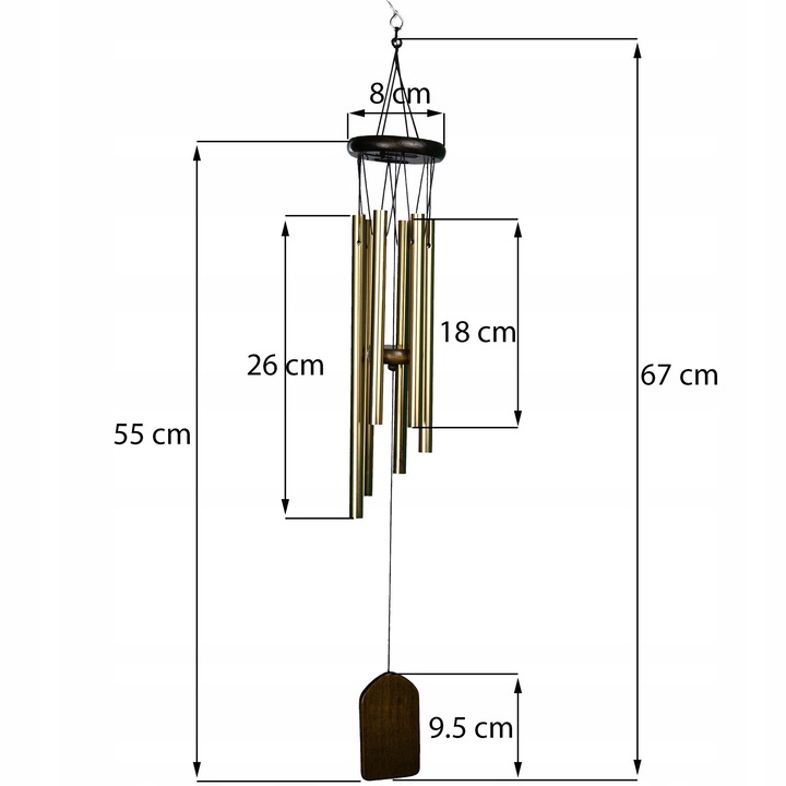 MIVELIS Камбанки за вятър, 6 тръби, 65 см, метални, дървесен вид