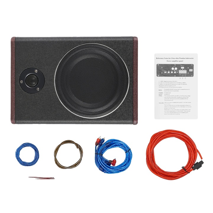 Subwoofer auto 8", design compact, putere maxima 600W, dimensiuni 37x25x7.5cm