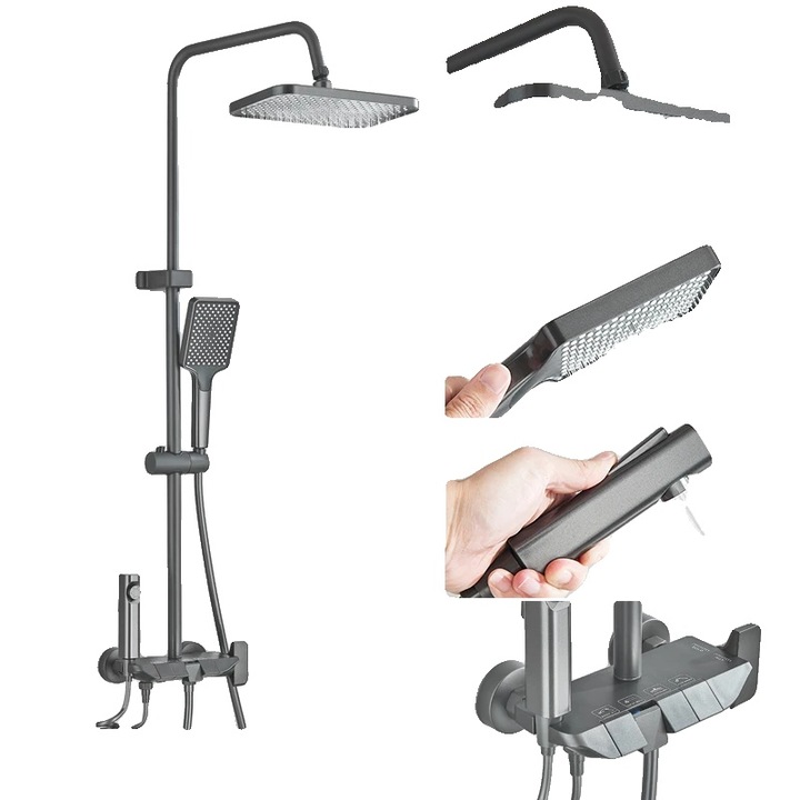 Set de coloane de dus, dus cu efect de ploaie, dus portabil, gri inchis, material din otel inoxidabil si ABS