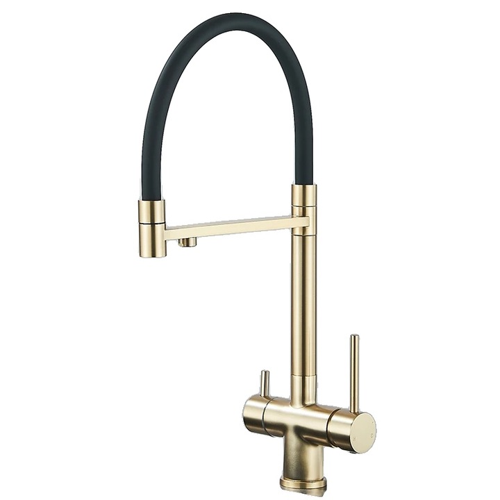 Sanitári csaptelep, szűrővíz kifolyóval, kihúzható fúvókával, szálcsiszolt arany, munkalapra szerelhető