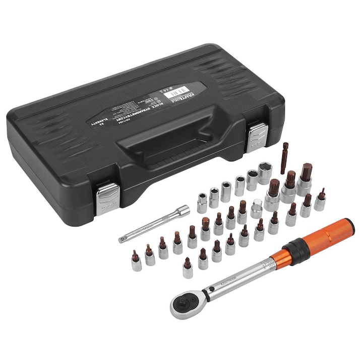 Cheie dinamometrica reversibila 1/4″ 5-25Nm 32piese cu set biti torx spline hexagon (KD11394)