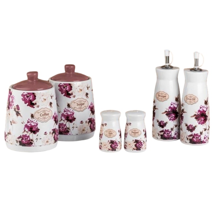 Set 6 Recipiente Organizare Bucatarie, Ceramice, Albe cu Design Floral Mov – Solnite Sare si Piper, Recipiente Ulei si Otet, Borcane Zahar si Cafea