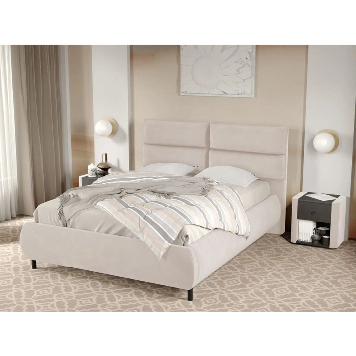 Pat Tapitat Cairo, Fix cu Perne pe Spatar, 180x200, Crem/Velluto 2