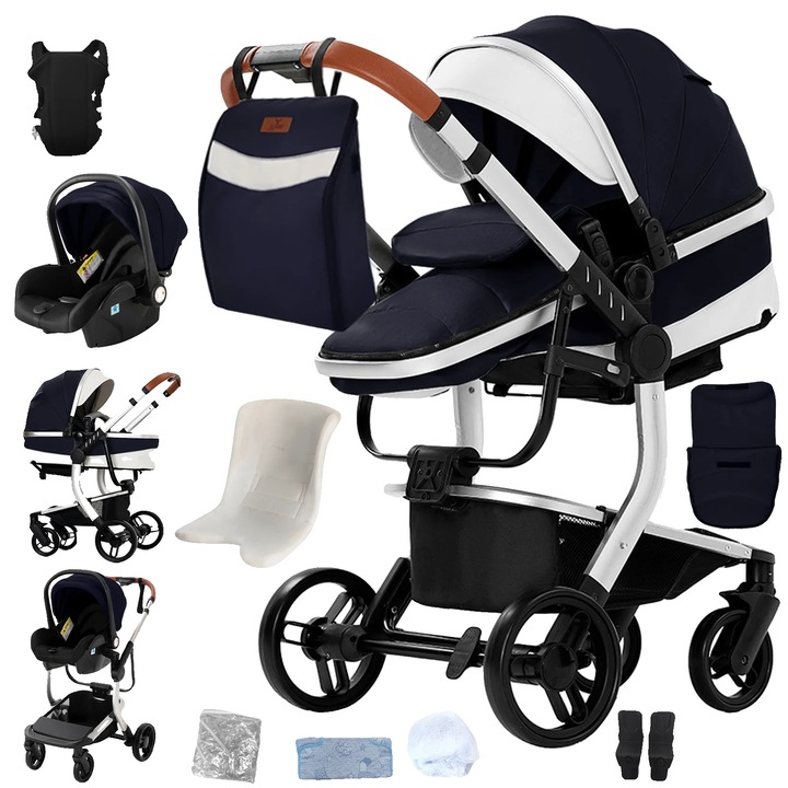 Carucior 3 in 1, roti all-terrain, albastru, dimensiuni ajustabile