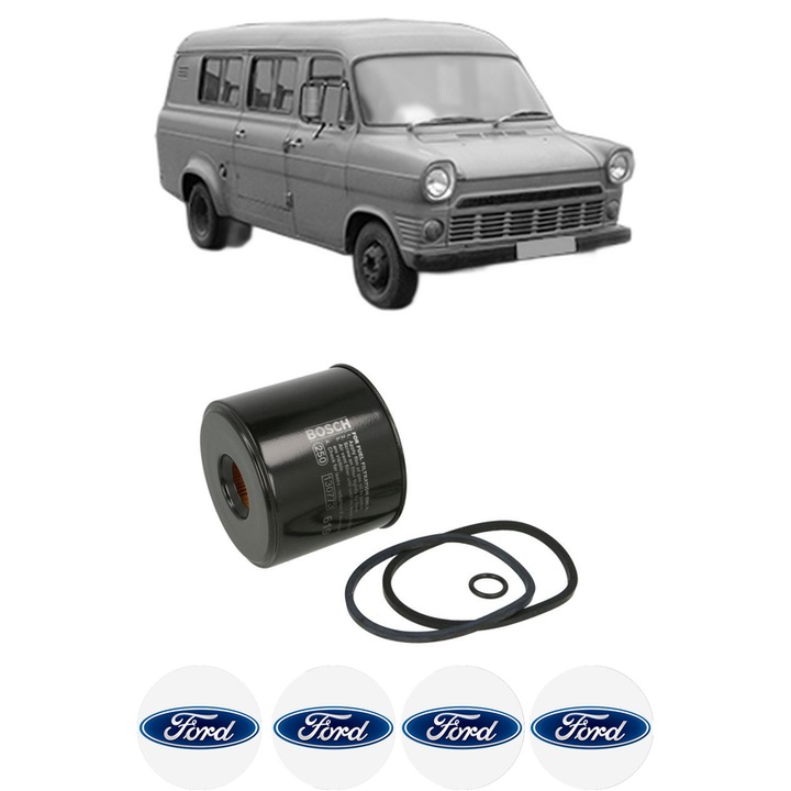 Filtru combustibil FORD TRANSIT Bus (V_ _) 2.4 D (VAS, VBL, VIL, VUL, VZS) din 1978-1985 KW 46 CP 62 CMC 2358, Bosch, Auto, 4x Stickere auto cu FORD