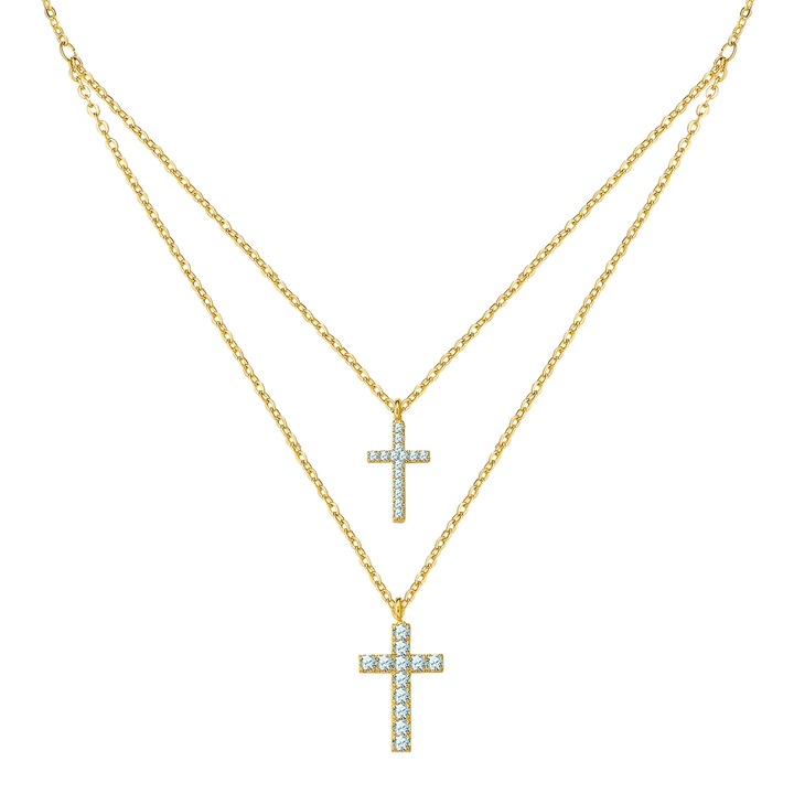 Yokoamii, Colier cu mai multe siraguri placat cu aur de 14K si decorat cu pandantive din zirconia in forma de cruce, Auriu