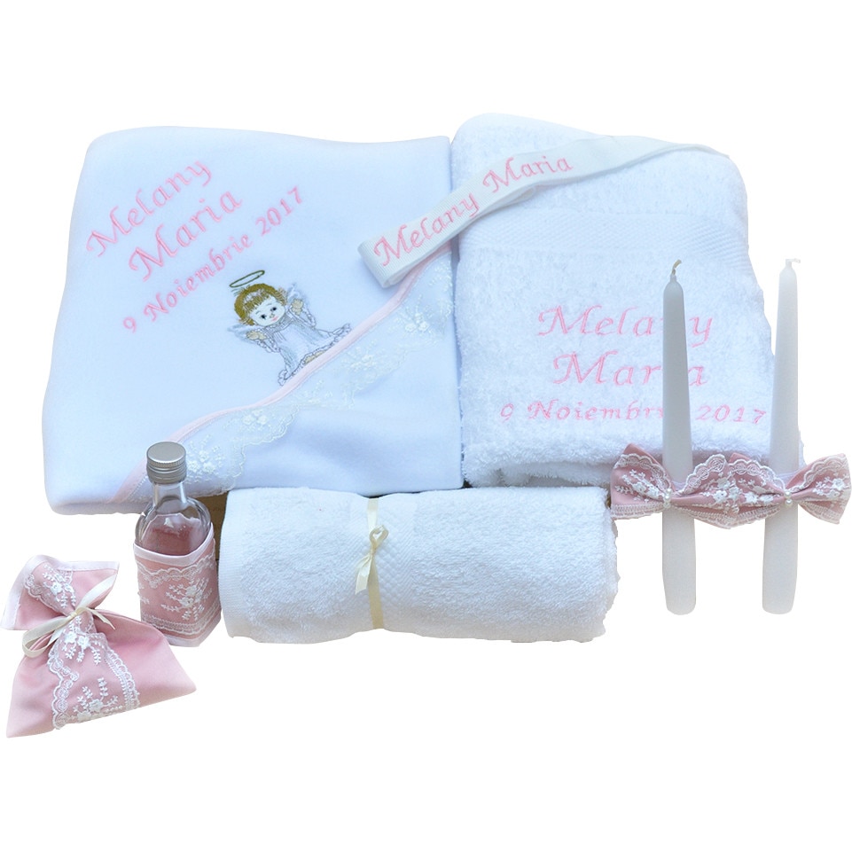 Trusou botez complet Ingeras roz, personalizarea inclusa, Couture Bebe