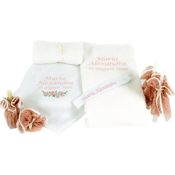 Trusou botez complet Roses, personalizarea inclusa, Couture Bebe