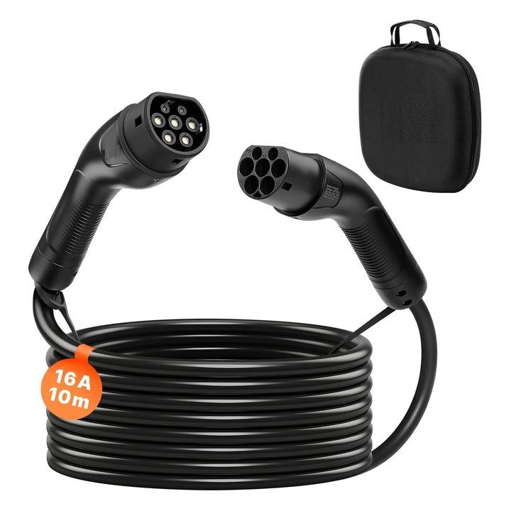 Cablu de incarcare pentru vehicule electrice, EV tip 2, Negru 16 A, Lungime 10 m, max 11 kW, IP65