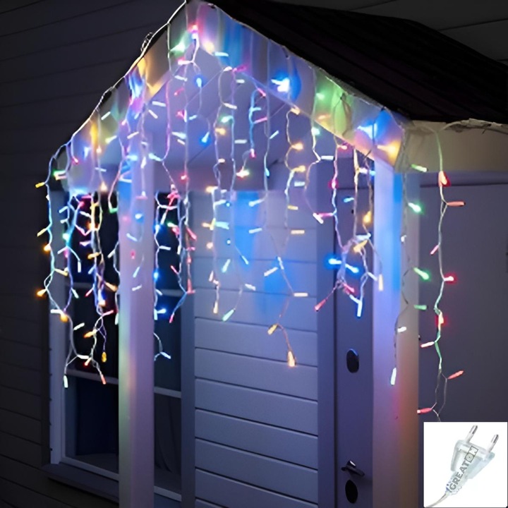 GREATON jégcsap karácsonyi fényfüzér – 5 méter, 110 LED, többszínű, 8 fénymód – kültéri/beltéri, átlátszó kábel, összekapcsolható