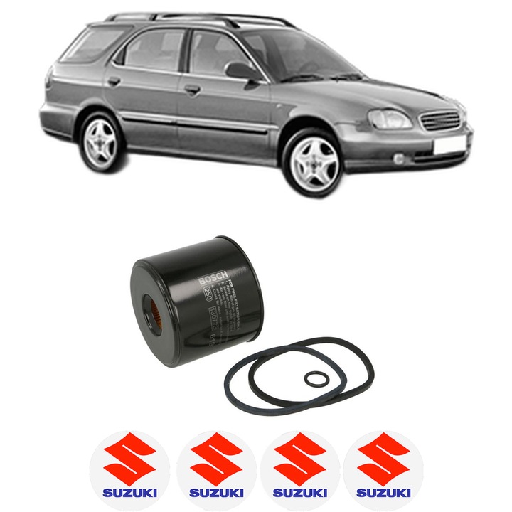 Filtru combustibil SUZUKI BALENO Estate (EG) 1.9 TD (SY419) din 1998-2002 KW 55 CP 75 CMC 1905, Bosch, Auto, 4x Stickere auto cu SUZUKI