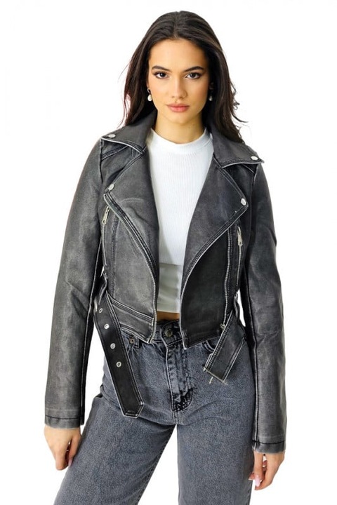 Geaca scurta Costa Rika, din piele ecologica, cu fermoar lateral, Gri