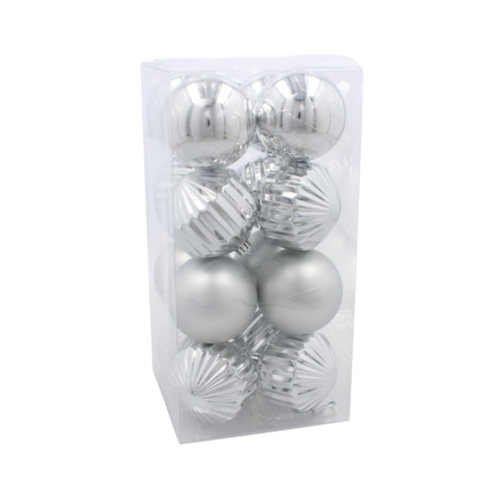 Set 16 Globuri De Craciun, Diametru 8 cm, Culoare Argintiu