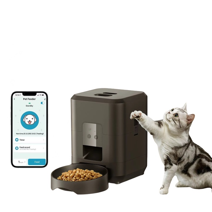 Dispenser de Hrana Automat/Hranitor Inteligent pentru Caini si Pisici, VisZone, Capacitate 2L, Bol Inclus, Control WiFi prin Telefon, Programare mese zilnice, Sursa Alimentare Dubla, Aplicatie Telefon, Accesorii Animale, Negru
