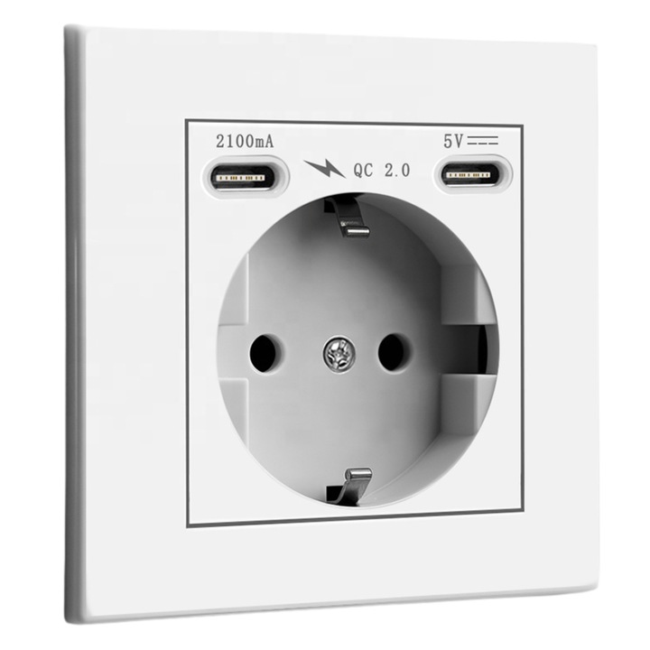 Priza electrica SWITCH DZ-EC4-11, tip AC 250V, 16A, cu doua porturi USB C, Quick Charge 2.0, 2100mA, 5V, Alb, 86x86 mm