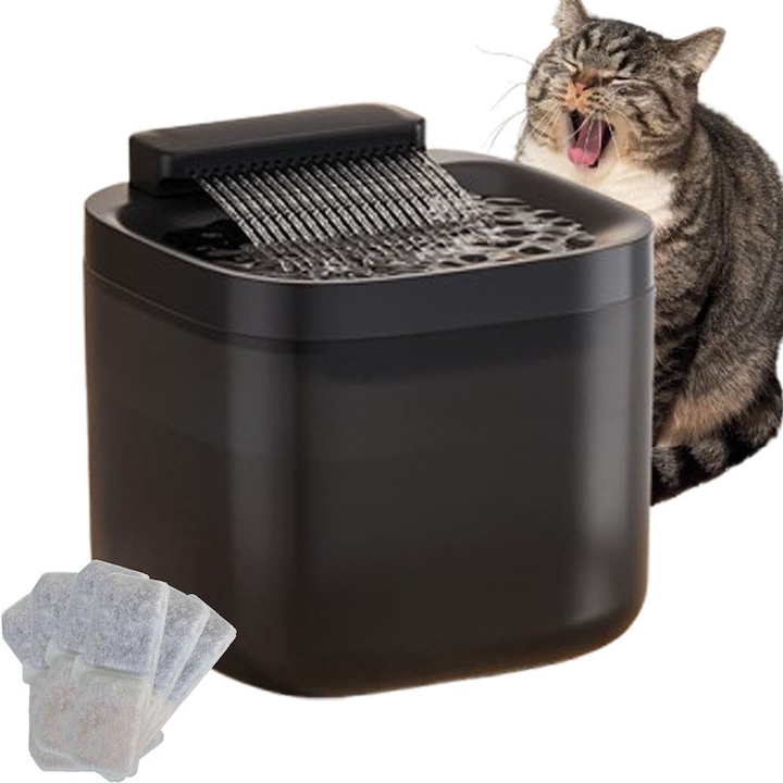 Автоматичен диспенсър за вода тип фонтан за котки и кучета, Unloshe, с пречистване и филтриране с активен въглен, ултра-тих, капацитет 3 л, LED осветление, черен полупрозрачен