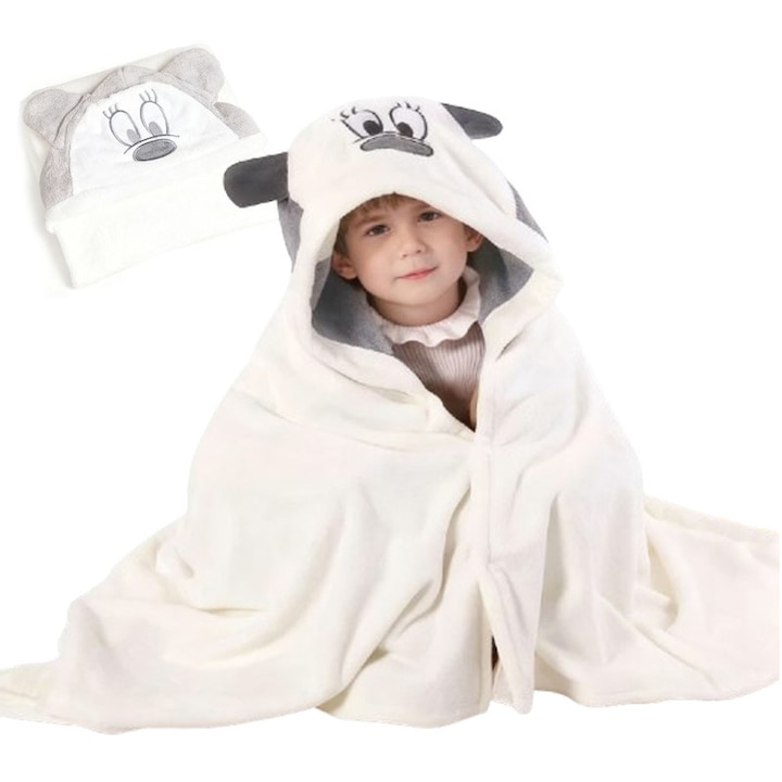 Bébi kapucnis fürdőlepedő, szuper puha korall polár, szuper nedvszívó, köntös típusú kapucni gyermekeknek, 70x140 cm, 0-10 éves babáknak, fehér
