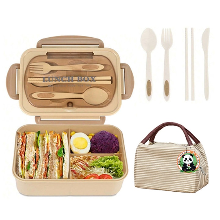 Set cutie de pranz Bento, bento multifunctional,3 compartimente/set de tacamuri, potrivita pentru microunde si congelator, cu geanta transport, izolatie din nylon, pentru copii si adulti, maro