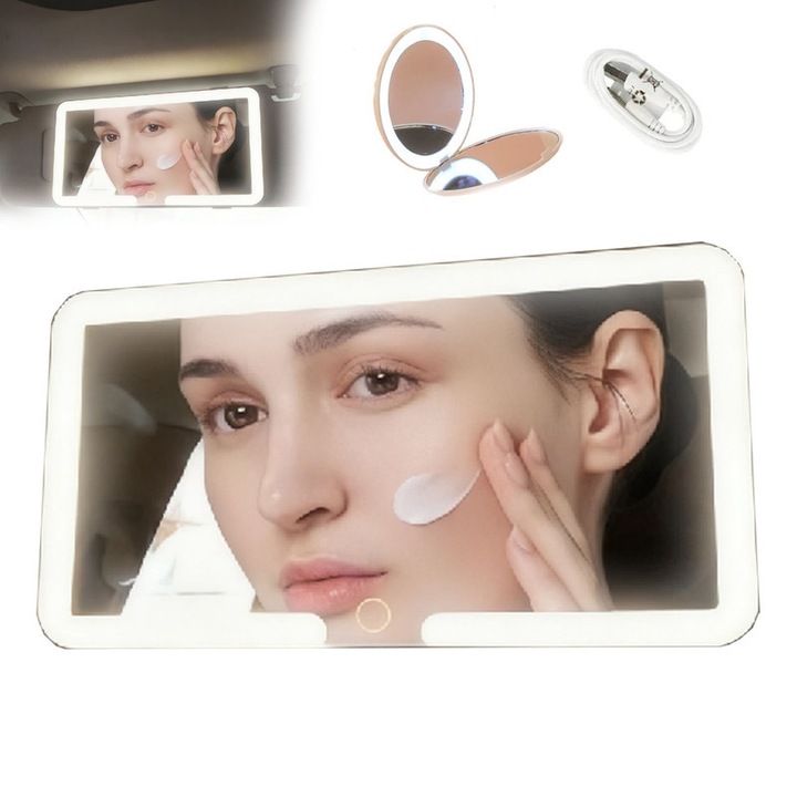 Autós Sminktükör Világítással, Unloshe, az autó belső napellenzőjére rögzíthető, 3 Világítási Típus, USB vagy Elem, 1500mAh, 23.5x12.7x0.4cm, fehér