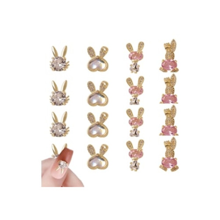 Set 16 decoratiuni unghii, model iepure 3D, aliaj, auriu