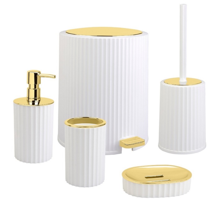 Комплект аксесоари за баня Okyanus Home Coliseum, кош за боклук, четка за тоалетна, дозатор за течен сапун, чаша за хигиена, сапунерка, бял + златист, 5л, 27.5x23x23см