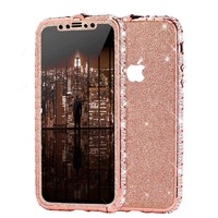 set bumper aluminiu metalic rose gold cu cristale pietre pietricele tip swarovski si folie autocolanta fata spate sticker cu sclipici glitter iphone 8 47quot inch roz pink nu este husa imagen 33_0_
0