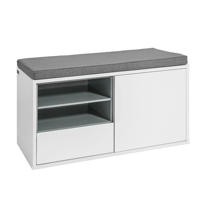 Banca FSR37-W cu perna pentru sezut, banca pentru pat, Dulap pentru incaltaminte, Banca pentru garderoba, Culoare Alb, Dimensiuni aproximative: 80x46x35 cm