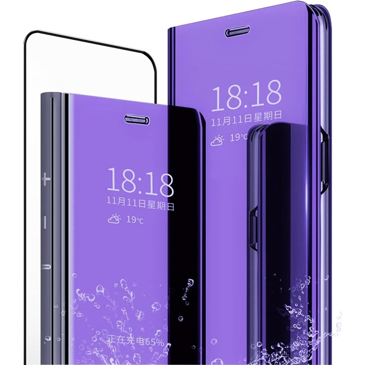 Husa Protectie Toc Flip Cover Clear View Mirror + Sticla Securizata, Protectie 360°, pentru Huawei P20 Lite, Culoare Albastru Violet