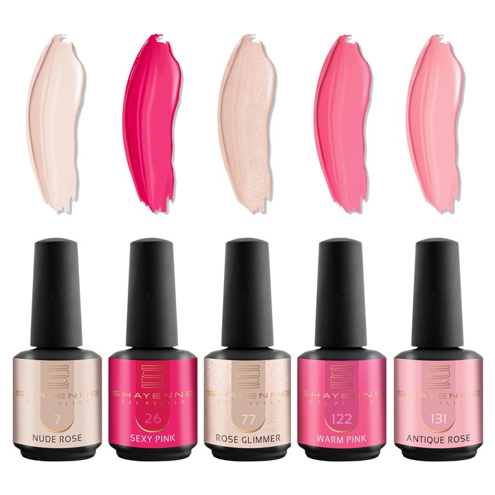 Oja semipermanentă Shayenne, set 5 nuanțe sclipici roz, 15 ml fiecare, fabricat în Germania