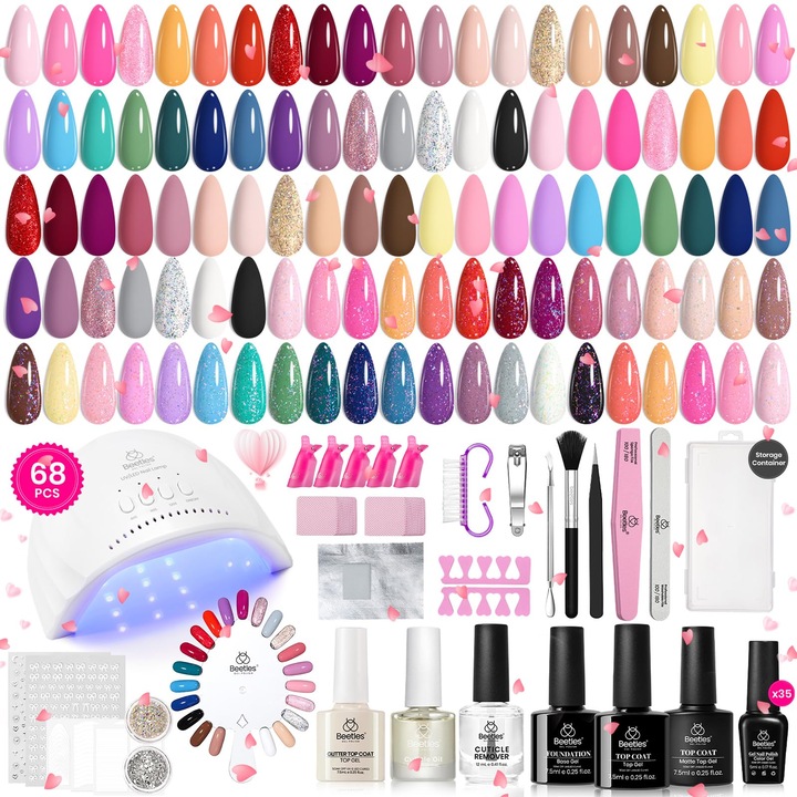 Kit de ojă gel UV, Beetles, set 68 piese, 35 culori, roz, sclipici, nud, gri