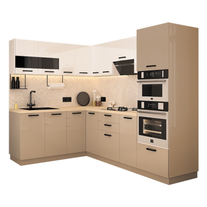 Set mobila bucatarie Daria colt V1, Alb/Cappuccino, 180x60x200cm si 258x60x200cm