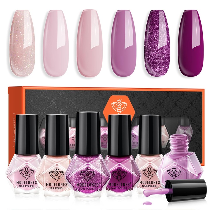 Oja pentru unghii, MODELONES, set 6 bucăți, sclipici roz mov, uscare rapidă