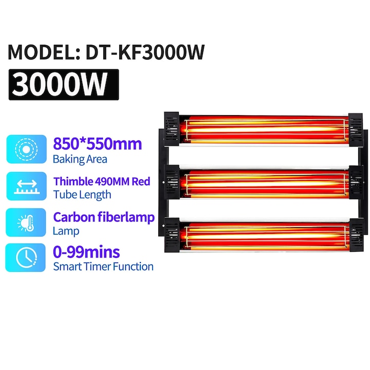 IR лампа с къси вълни за сушене на боя, DT-KF-3000W, Мощност 3000 W, Тръба от въглеродни влакна, За бояджийска кабина, EU щепсел 220 V