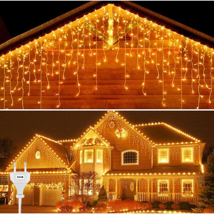 Instalatie De Craciun EDAR Model Turturi, 10 m, 300 Led-uri, Cu 8 Jocuri De Lumini, Franjuri, Pentru Exterior/Interior, Rezistent la Ploaie si Zapada, Interconectabila, Fir Transparent, Alimentare Priza, Alb Cald