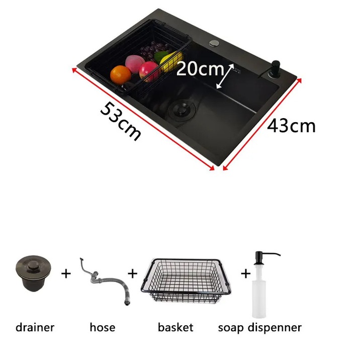Chiuveta bucatarie, 53x43cm, din otel inoxidabil, instalare deasupra blatului, set
