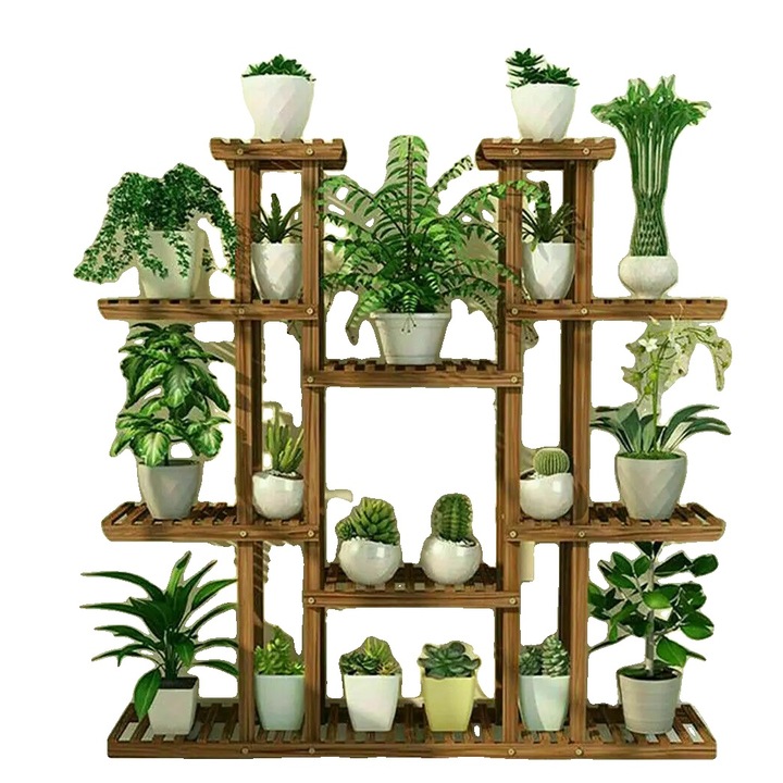 Suport pentru plante, 9 etaje, design din lemn si metal, maro, 115x28x5.5cm