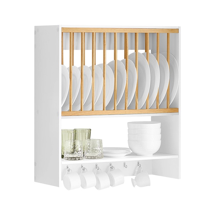 Стойка за чинии KCR09-W, за 11 чинии, 7 метални куки, MDF, 64x71x24см