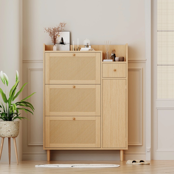 Dulap incaltaminte 3 rafturi si usi, lemn natural, 90x17x125cm