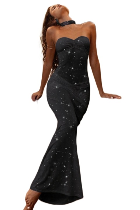 Erotikus fehérnemű szett, hosszú érzéki ruha strasszokkal és tanga bugyi DLS-3329fekete 121424, Fekete, One Size