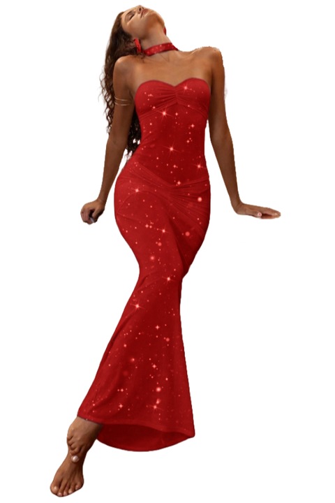 Erotikus fehérnemű szett, hosszú érzéki ruha strasszokkal és tanga bugyi DLS-3329fekete 121424, Piros, One Size