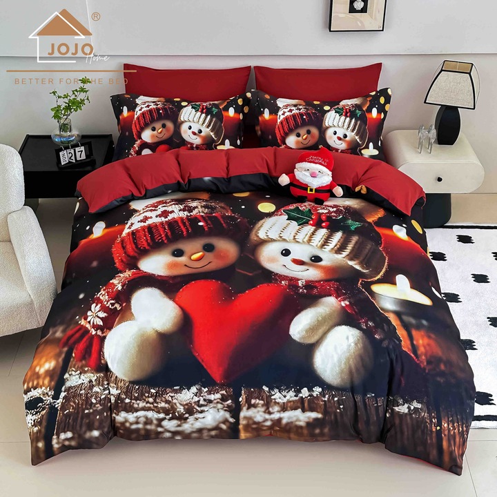 Lenjerie de Pat Craciun, Imprimeu 5D, Pat Dublu, 6 piese, Cearsaf cu Elastic 180 x 200cm, cearceaf pilota 200x230cm, 2fete de perna 55x80cm, 2fete de perna 70x70cm, MHR-1589