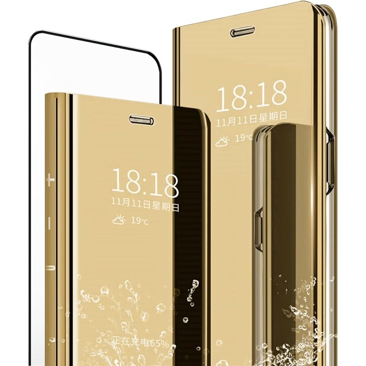 Husa Protectie Toc Flip Cover Clear View Mirror + Sticla Securizata, Protectie 360°, pentru Huawei P20 Pro, Culoare Aurie