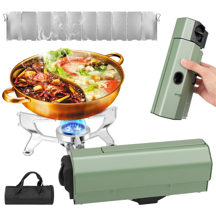 Aragaz de camping pe gaz, Arzator portabil, 11000 W putere mare, Flacara reglabila, Rezistent la vant, Ultrausor, Pentru hot pot si ceai, Propan, verde