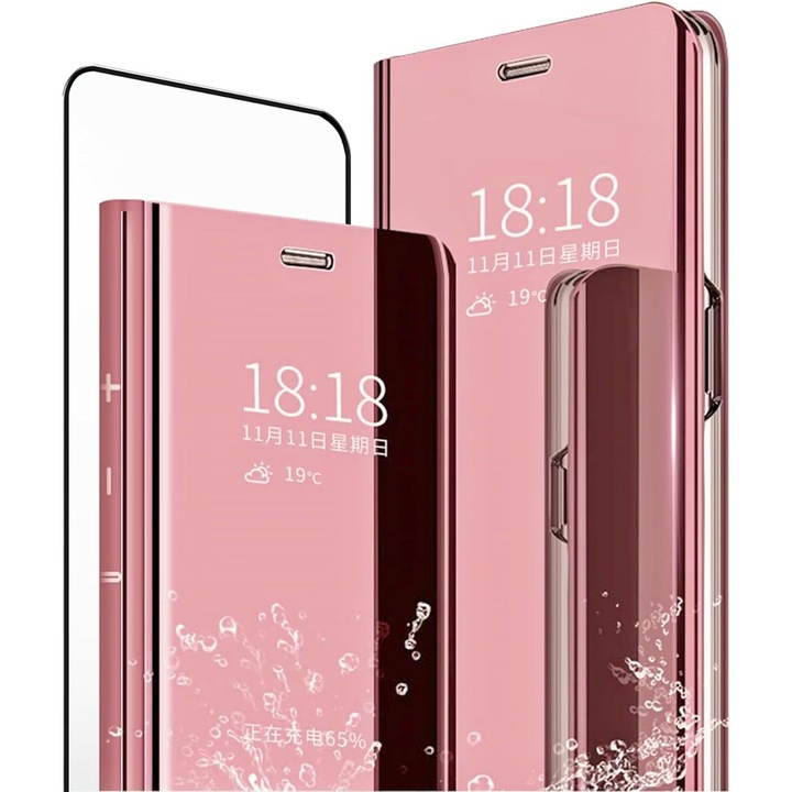 Husa Protectie Toc Flip Cover Clear View Mirror + Sticla Securizata, Protectie 360°, pentru Huawei P20 Pro, Culoare Rose Gold