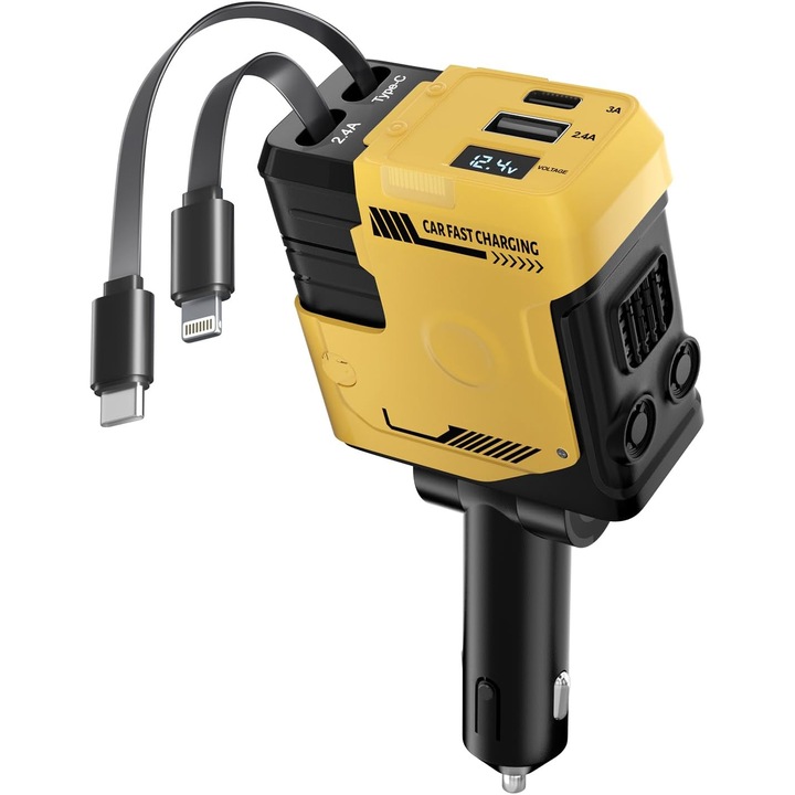 Univerzális gyorstöltő autóba, 4 az 1-ben, két visszahúzható Type-C és Lightning kábellel, intelligens digitális kijelzővel, QC 3.0 és PD 20W, kompatibilis az összes Apple iPhone és Android telefonnal