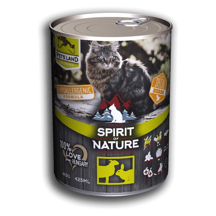Hrana umeda premiun pisici, cu miel si iepure, Spirit of Nature, 12 X 415 g/SET