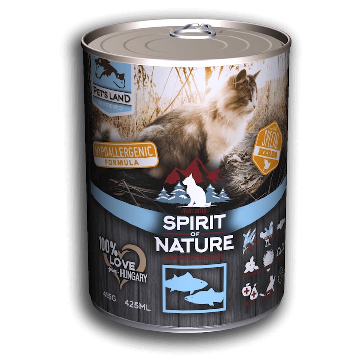 Hrana umeda premiun pisici, cu somon si peste, Spirit of Nature, 12 x 415 g/set