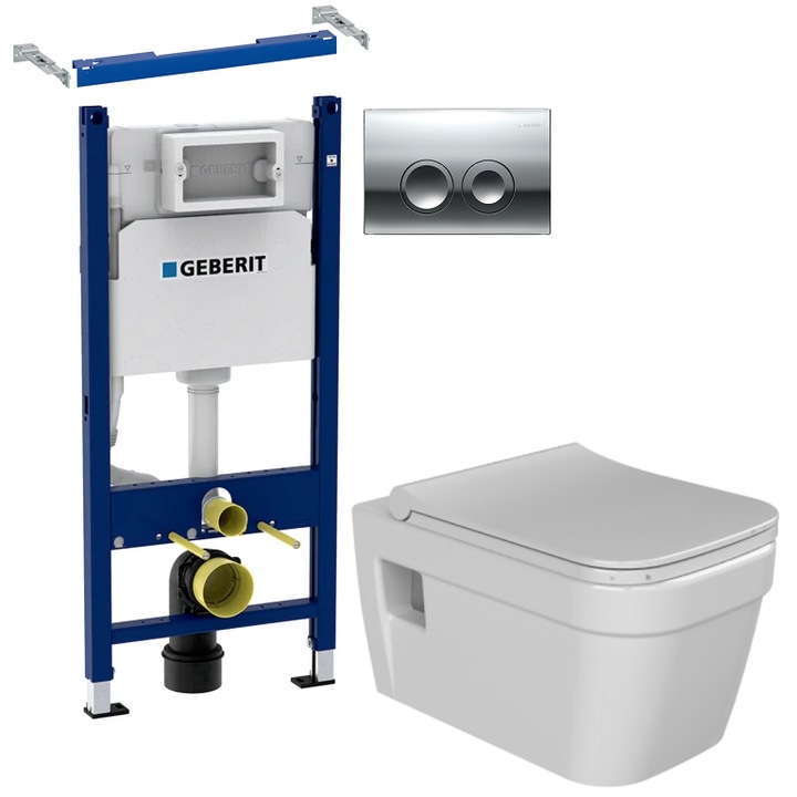 Set 2 in 1 Toaleta Cerastyle Noura Rimless, Geberit, capacitate 9 L, capac soft and slim, clapeta crom lucios